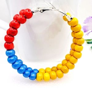 Wooden earrings, hoops with wooden beads, large hoops with yellow, blue and red